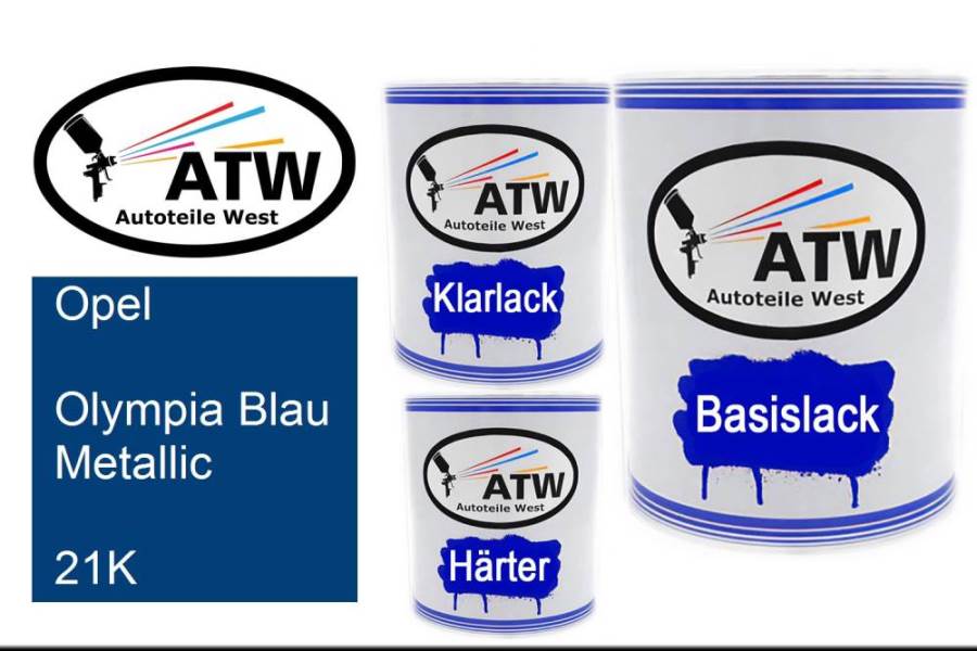 Opel, Olympia Blau Metallic, 21K: 1L Lackdose + 1L Klarlack + 500ml Härter - Set, von ATW Autoteile West.
